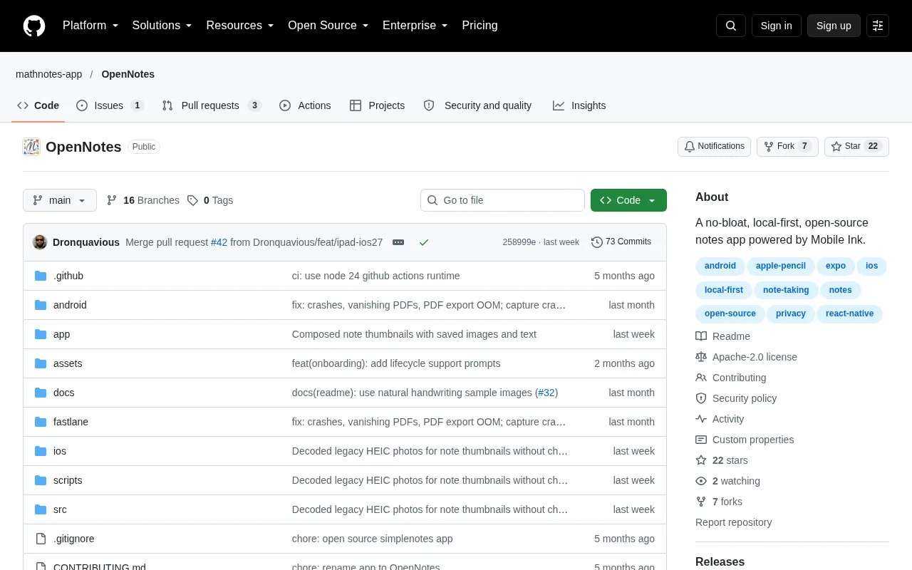 Screenshot of the OpenNotes homepage