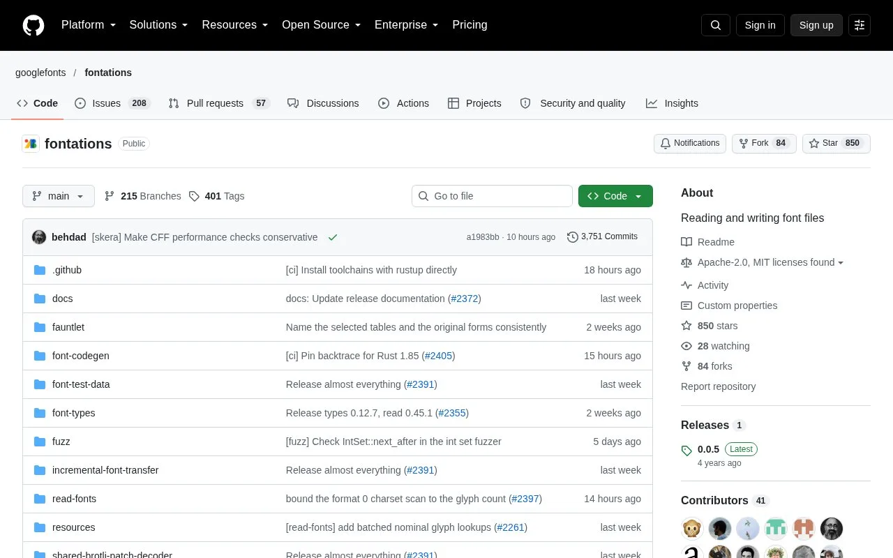 Screenshot of the Fontations homepage