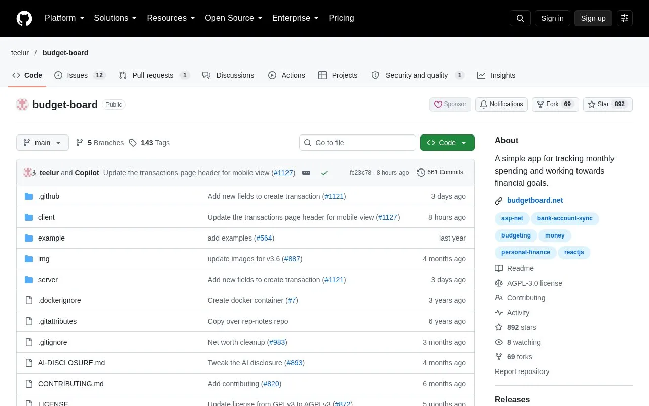 Screenshot of the Budget Board homepage