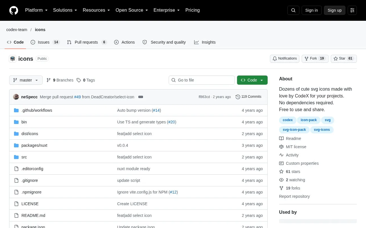 Screenshot of the CodeX Icons homepage