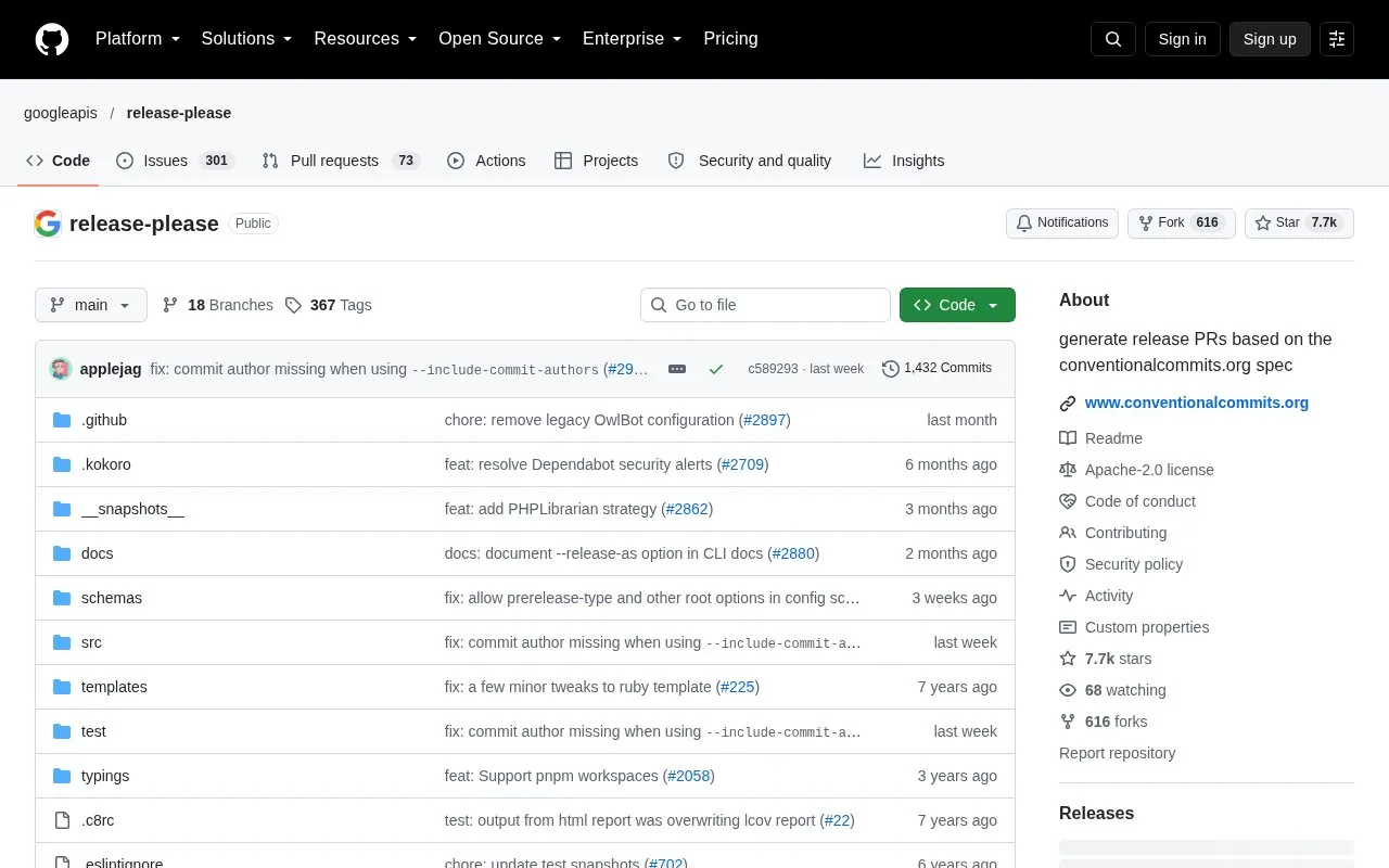 Screenshot of the Release Please homepage