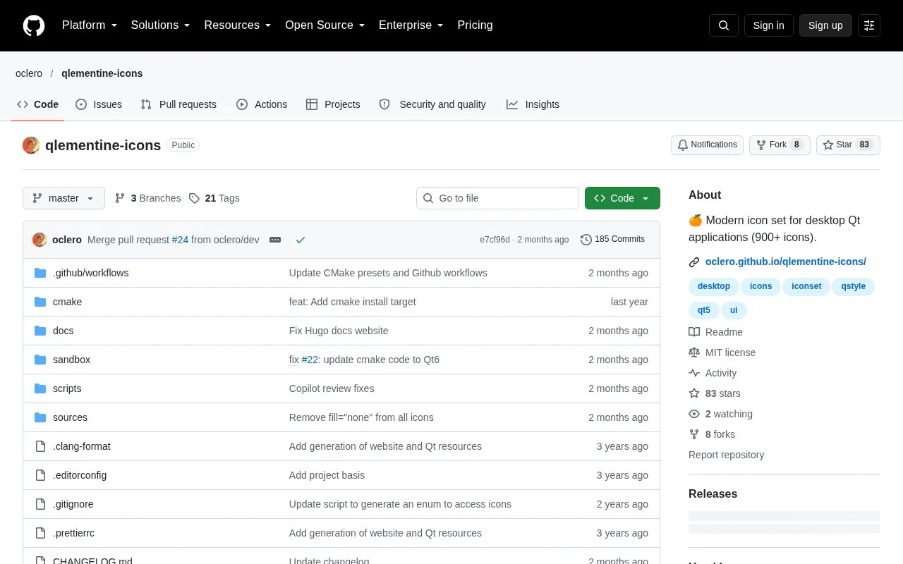 Screenshot of the Qlementine Icons homepage
