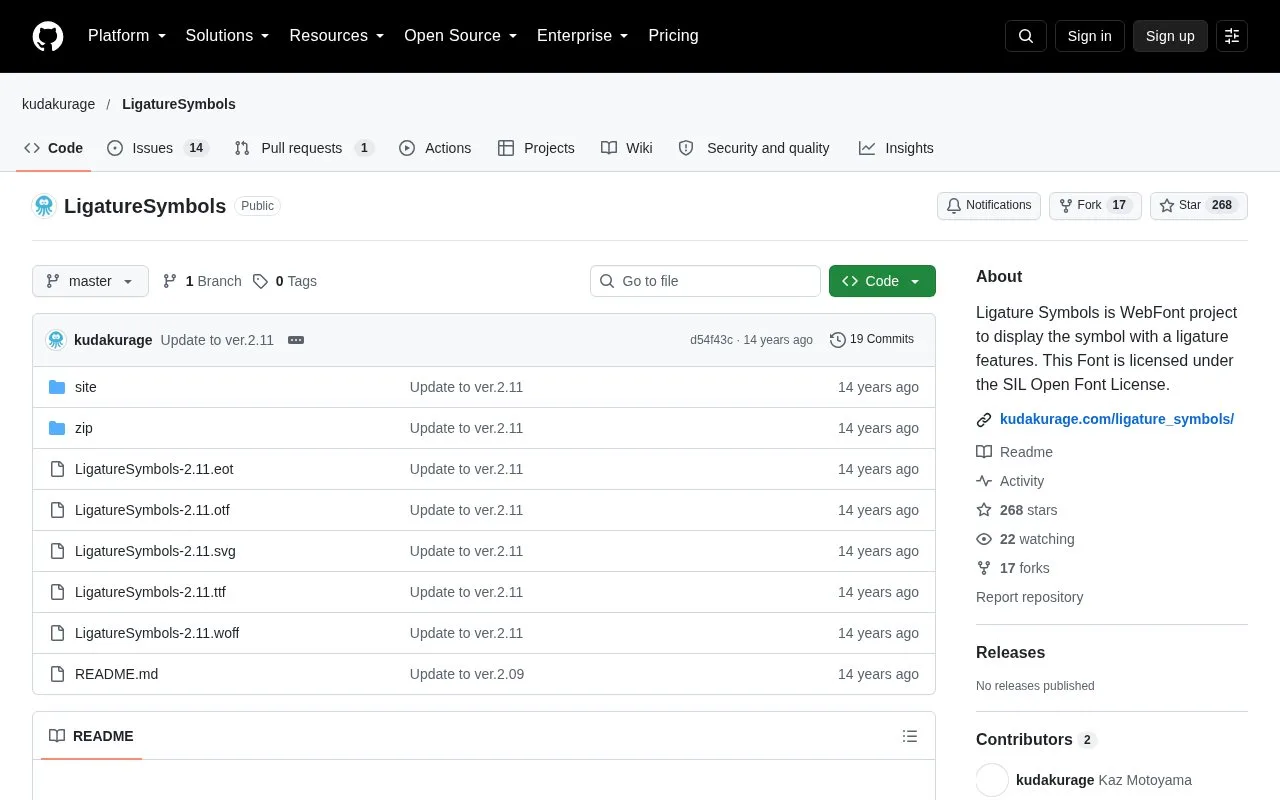 Screenshot of the Ligature Symbols homepage