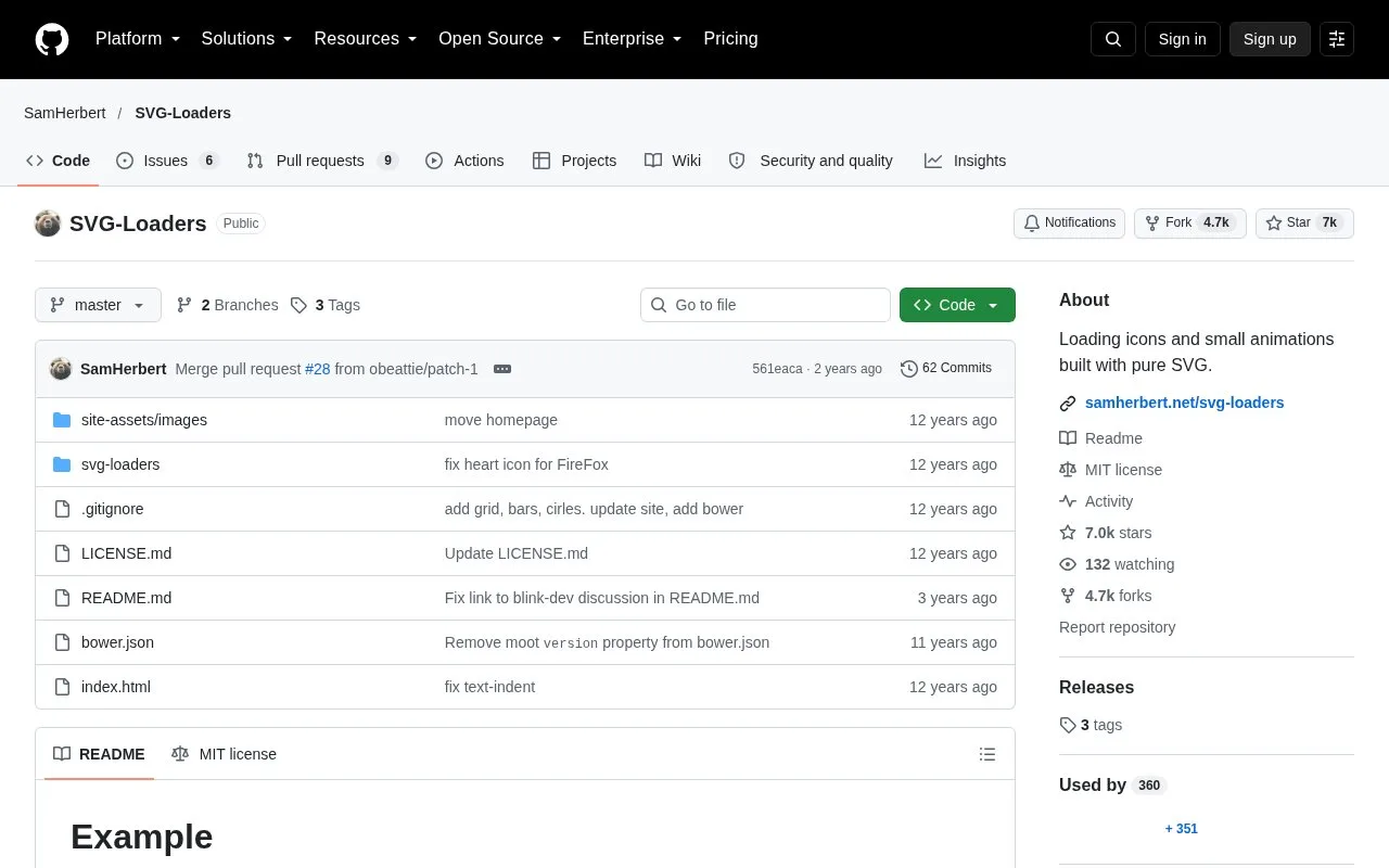 Screenshot of the SVG Loaders homepage