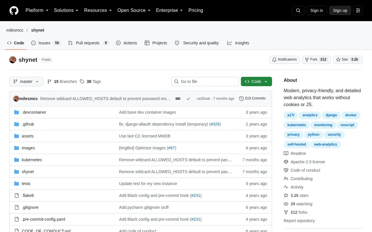Screenshot of the Shynet homepage