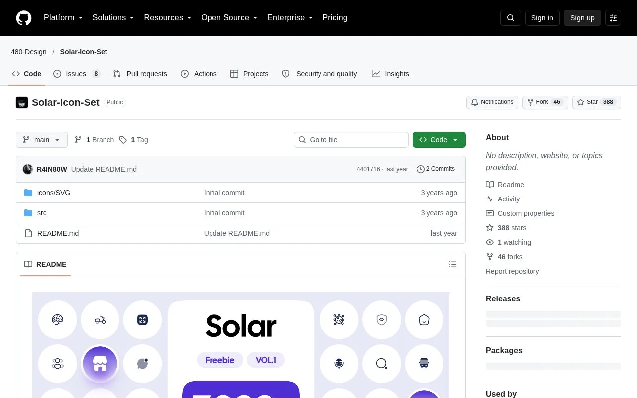 Screenshot of the Solar Icon Set homepage