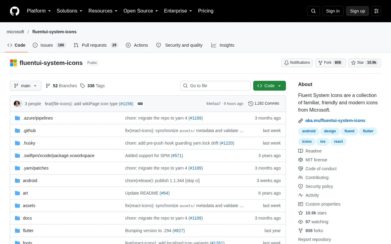 Screenshot of the Fluent UI System Icons homepage