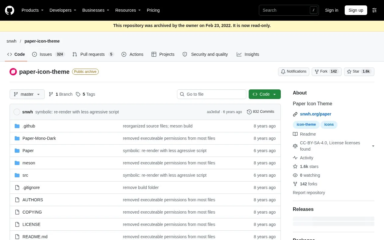 Screenshot of the Paper Icon Theme homepage