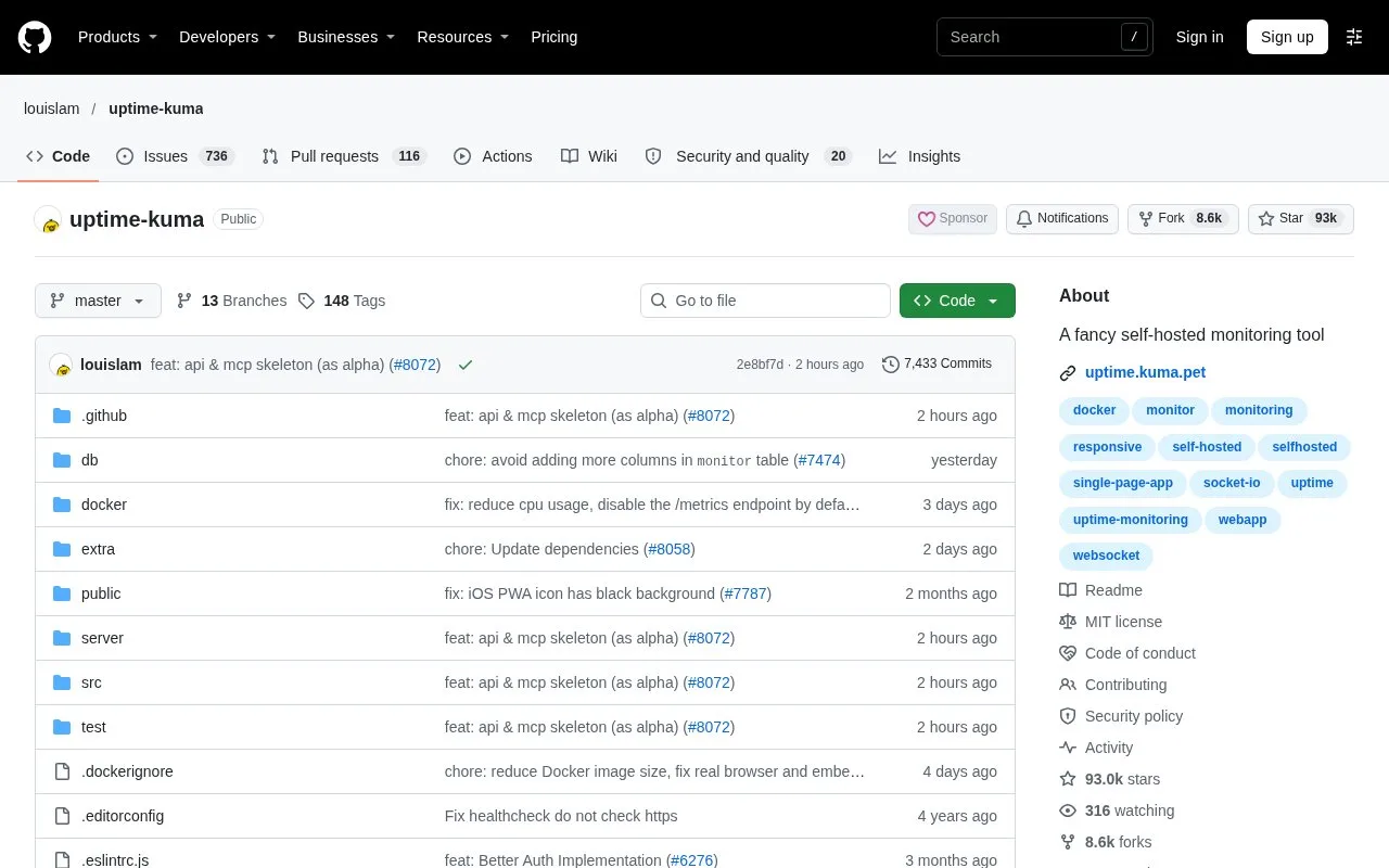 Screenshot of the Uptime Kuma homepage