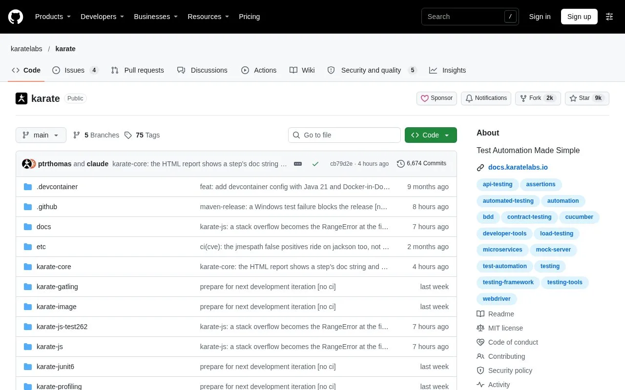 Screenshot of the Karate Core homepage