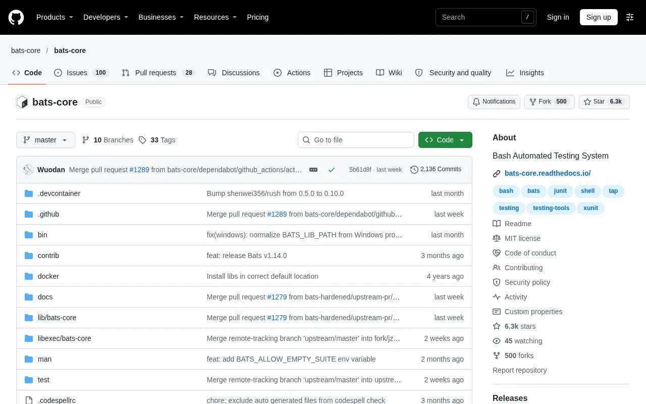 Screenshot of the Bats-core homepage