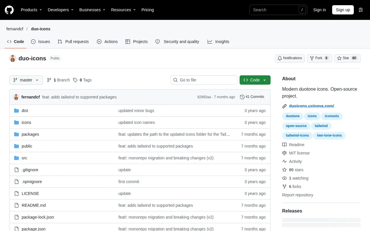 Screenshot of the Duoicons homepage