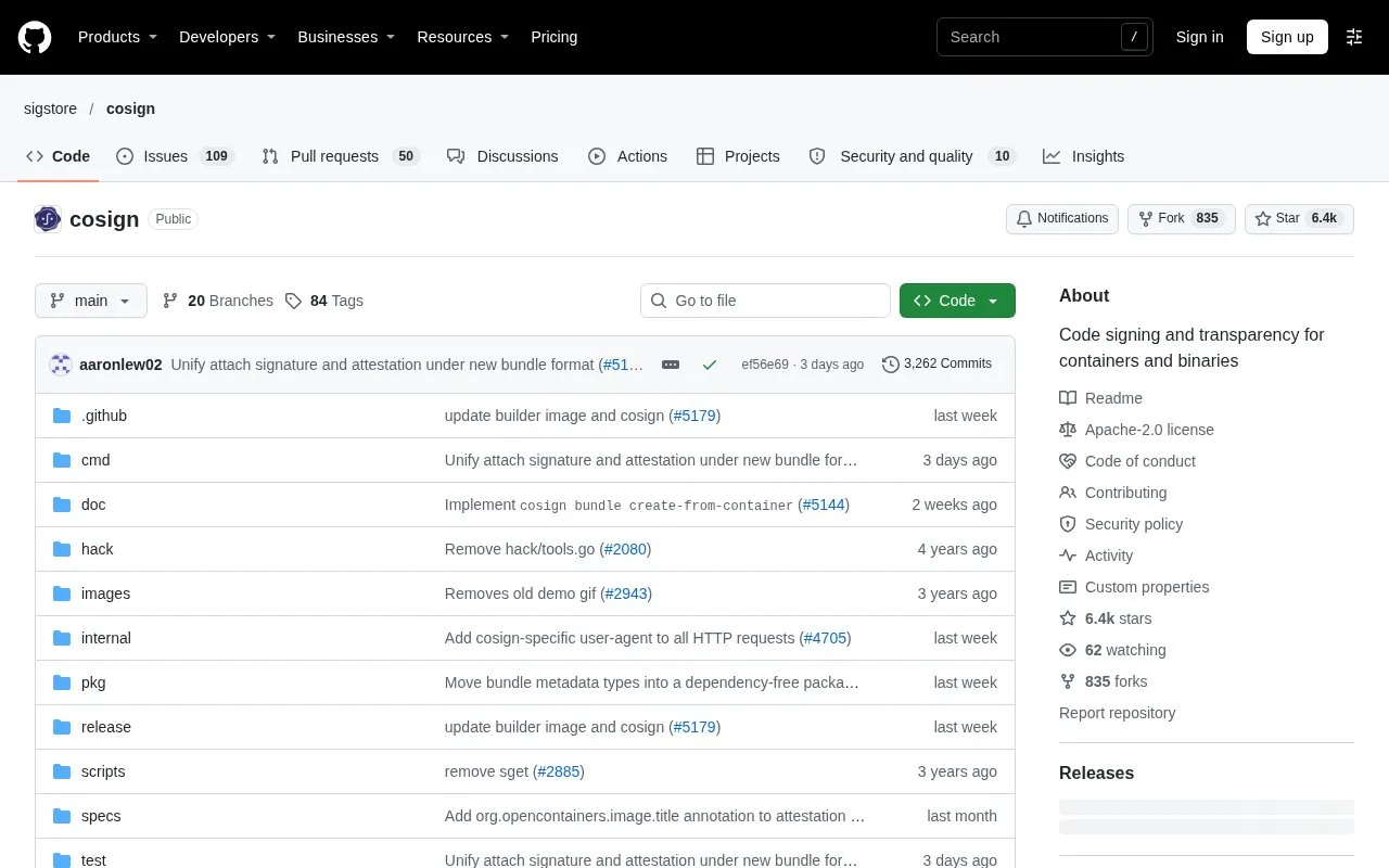 Screenshot of the Cosign homepage