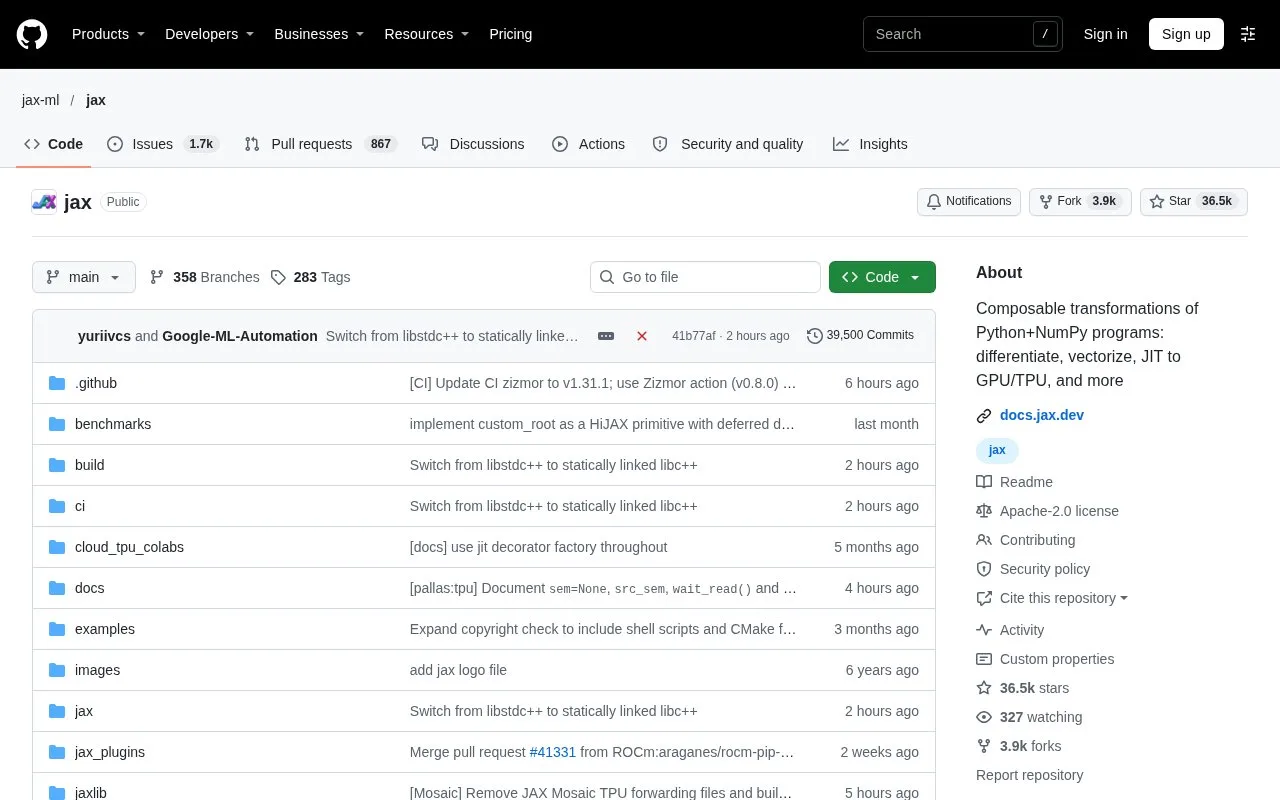 Screenshot of the JAX homepage