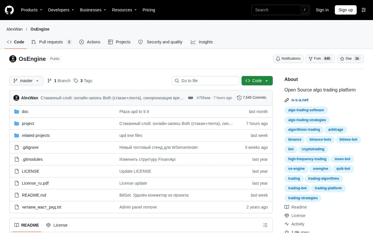 Screenshot of the OsEngine homepage