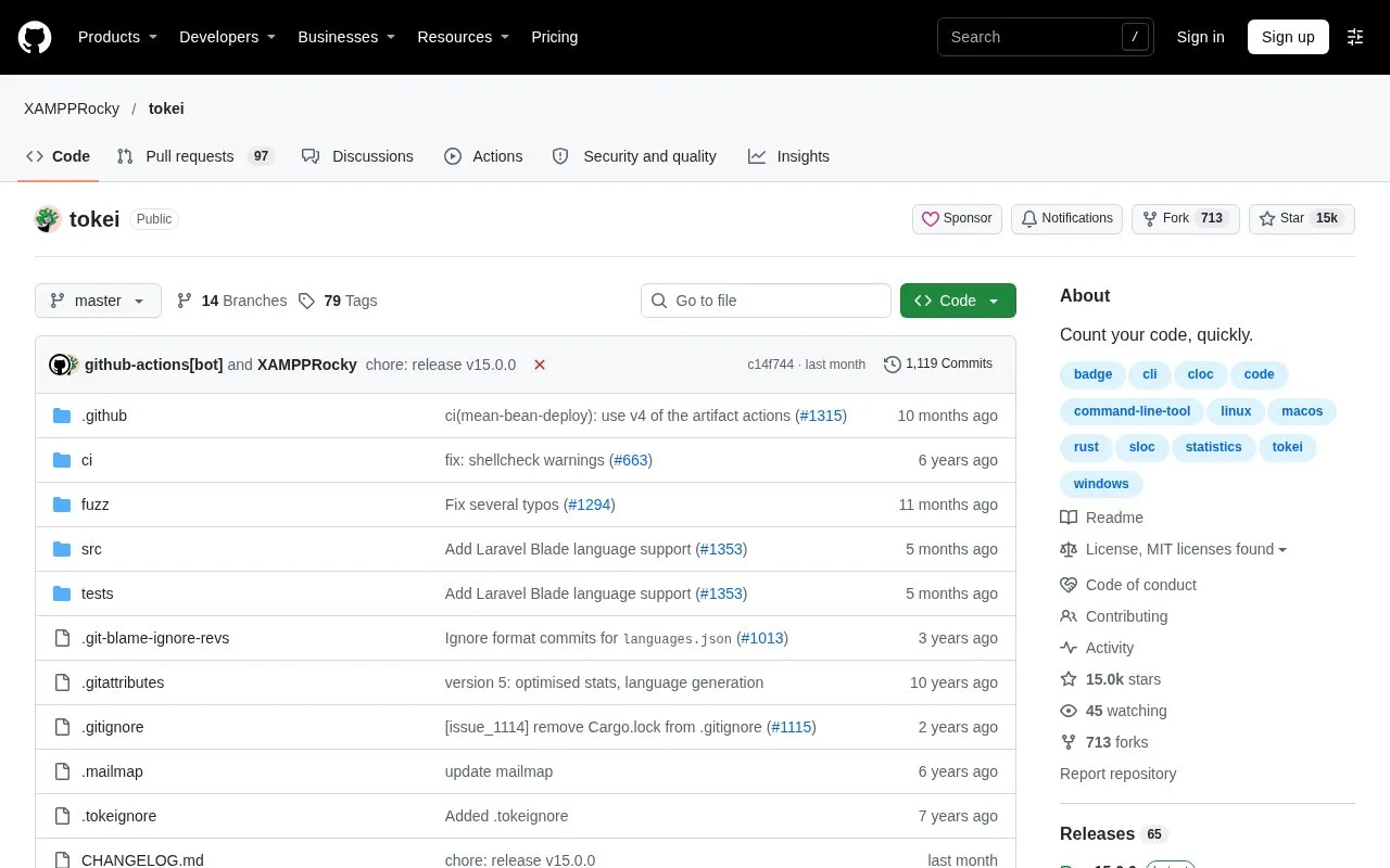 Screenshot of the Tokei homepage