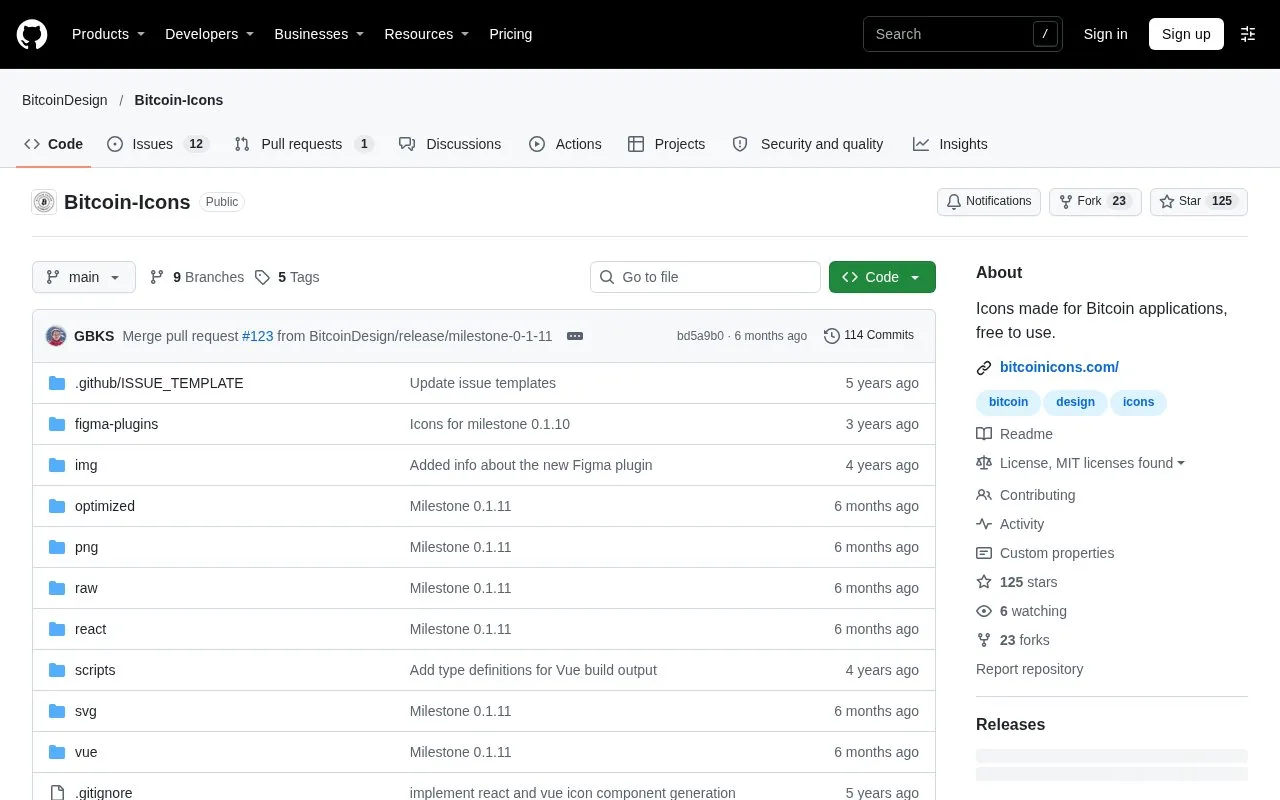 Screenshot of the Bitcoin Icons homepage