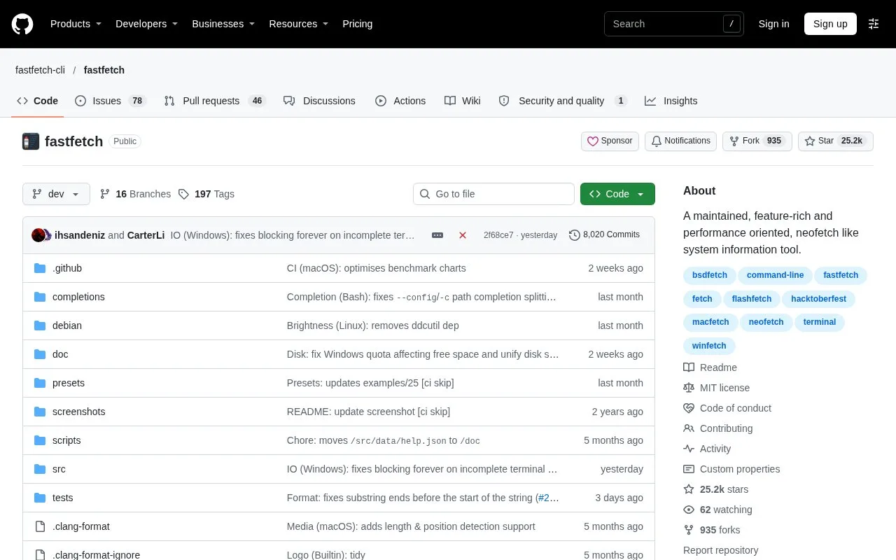 Screenshot of the Fastfetch homepage