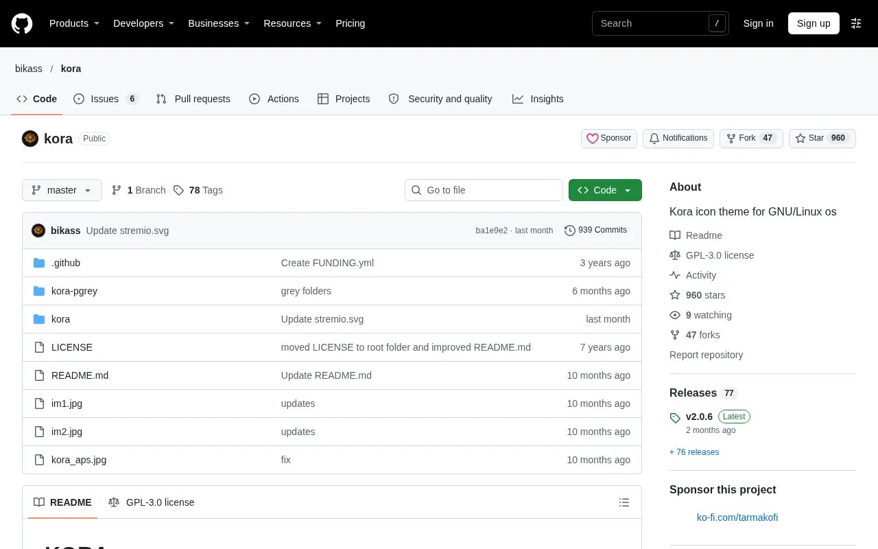 Screenshot of the Kora Icon Theme homepage