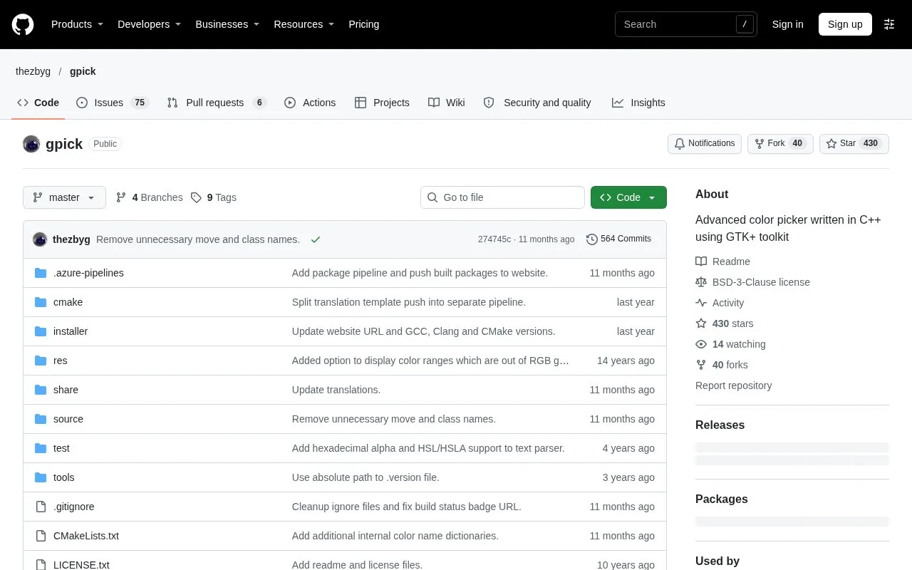 Screenshot of the Gpick homepage