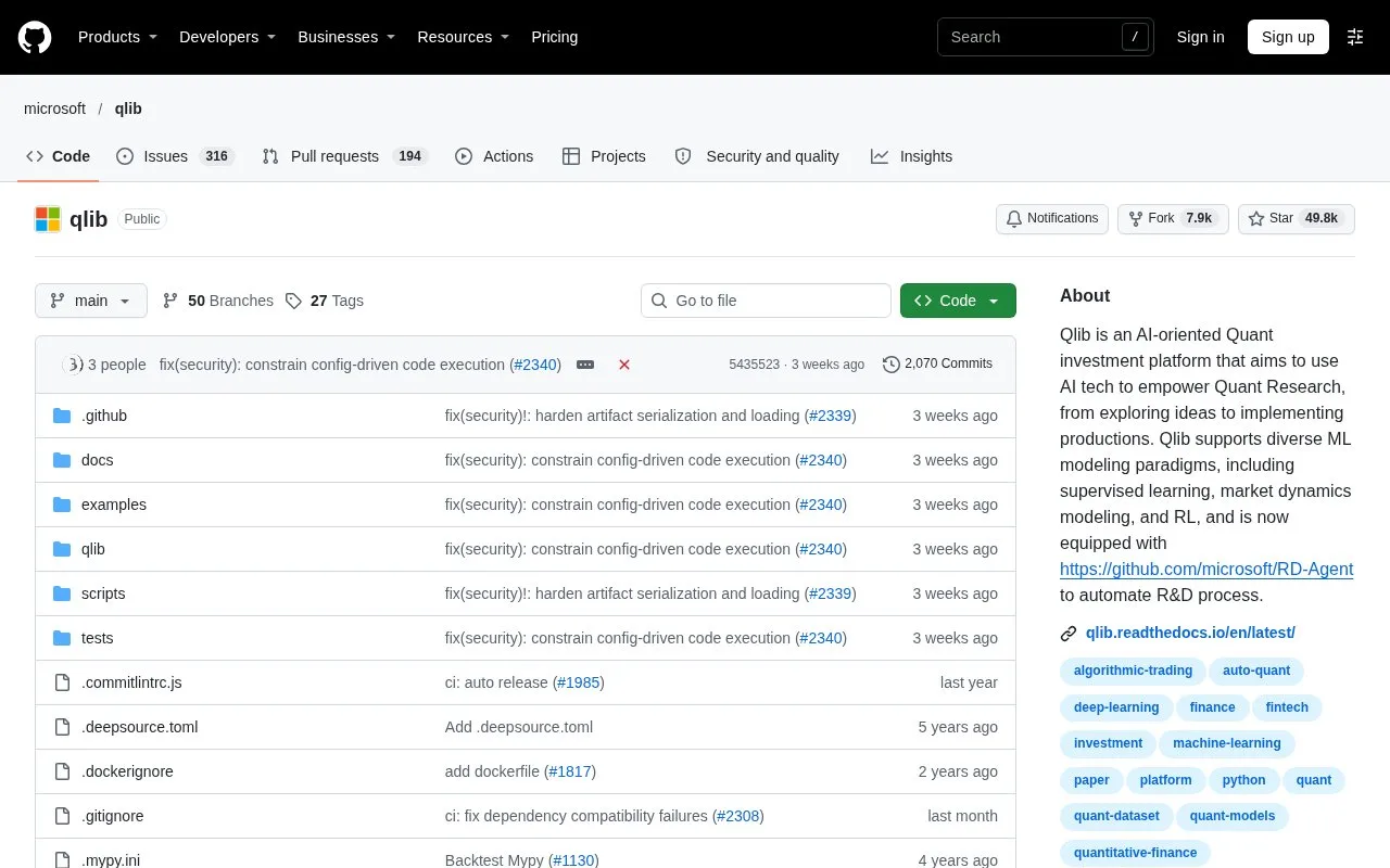 Screenshot of the Qlib homepage