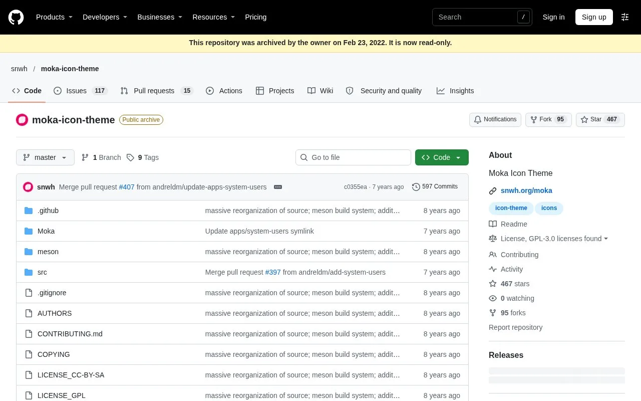 Screenshot of the Moka Icon Theme homepage