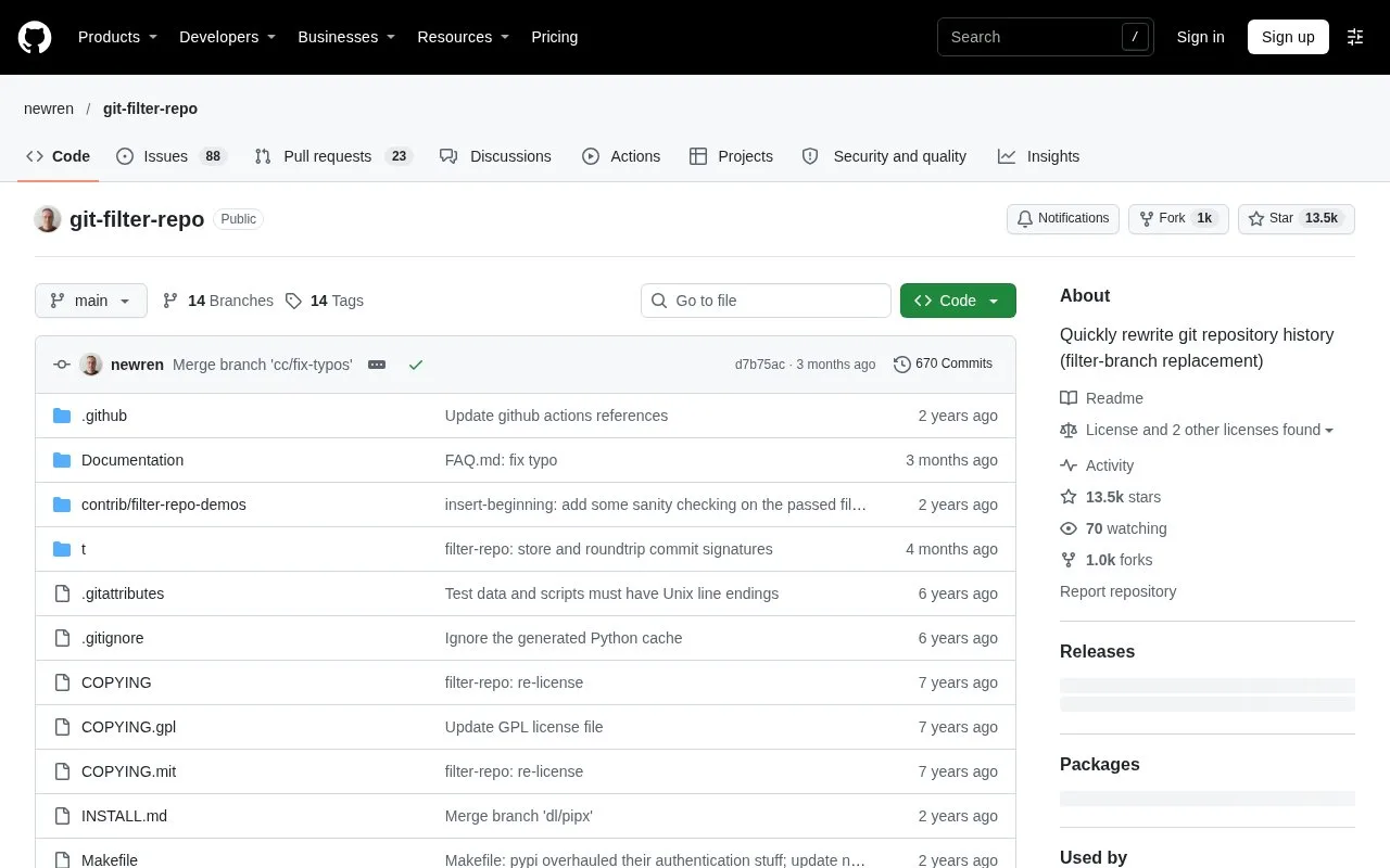 Screenshot of the git-filter-repo homepage