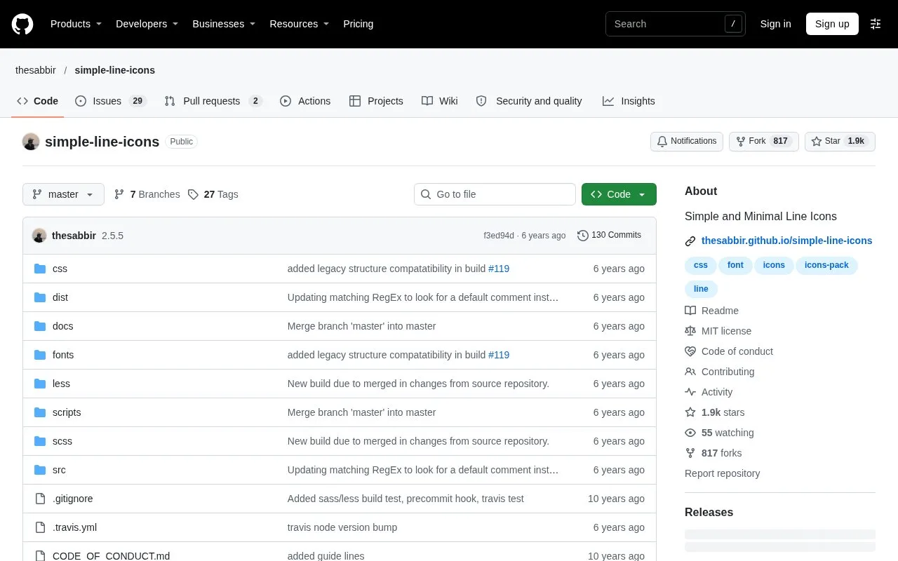 Screenshot of the Simple Line Icons homepage