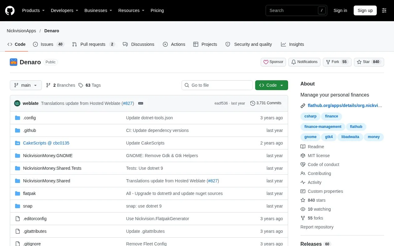 Screenshot of the Denaro homepage