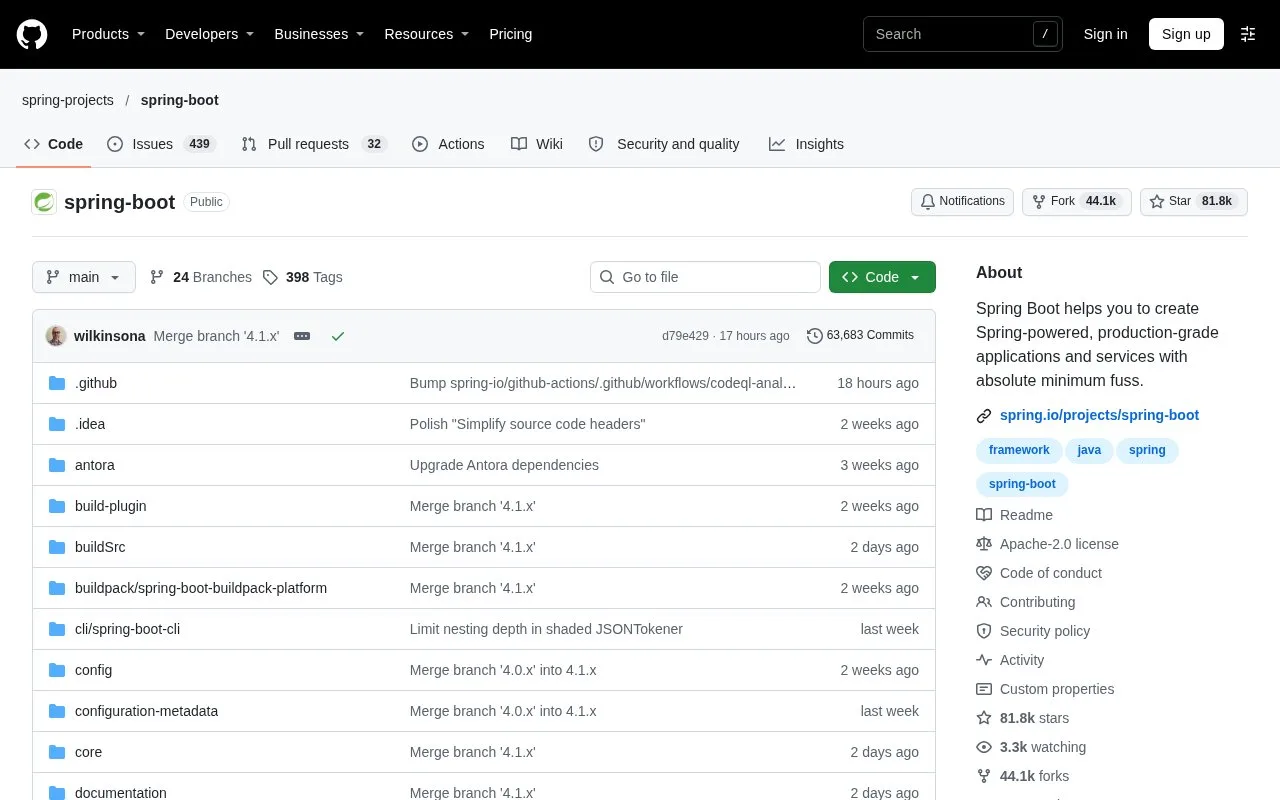 Screenshot of the Spring Boot homepage