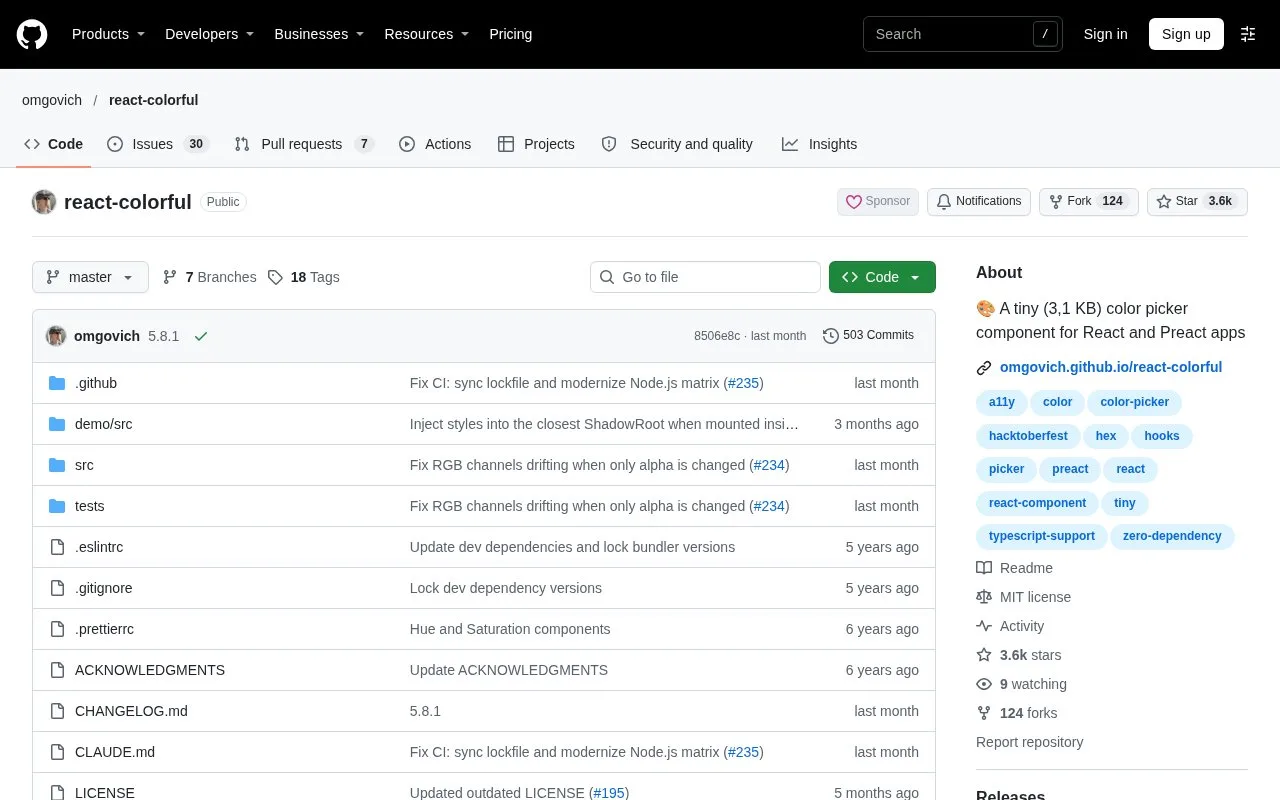 Screenshot of the react-colorful homepage
