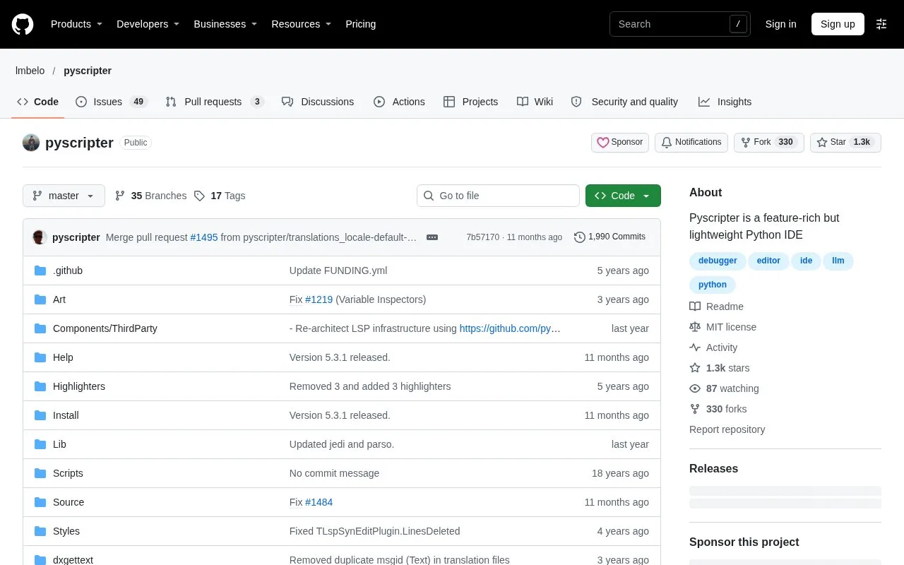 Screenshot of the PyScripter homepage