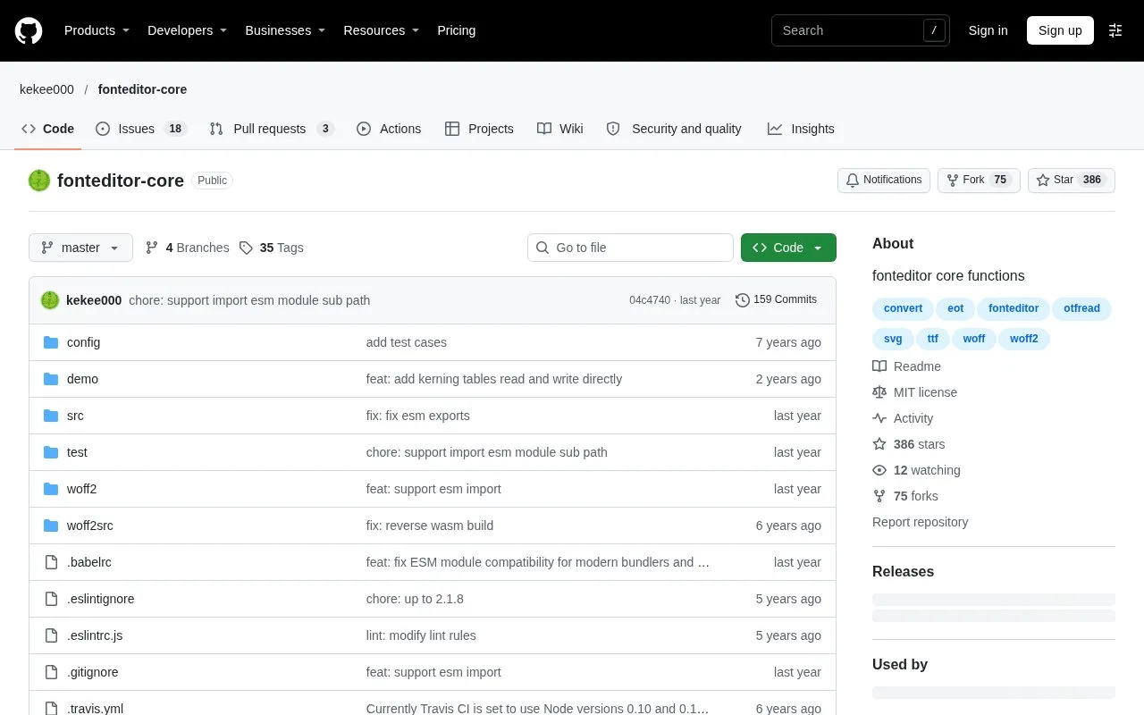 Screenshot of the fonteditor-core homepage