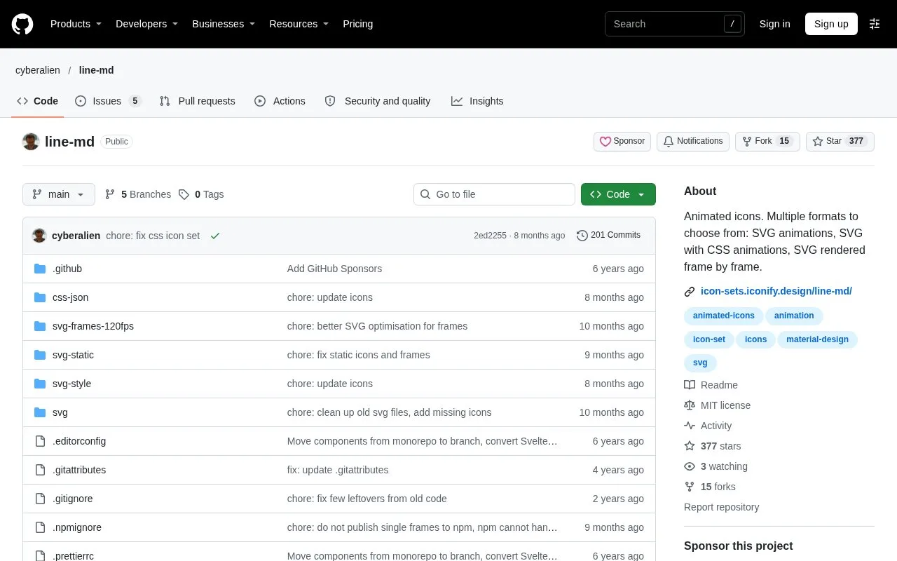 Screenshot of the Material Line Icons homepage