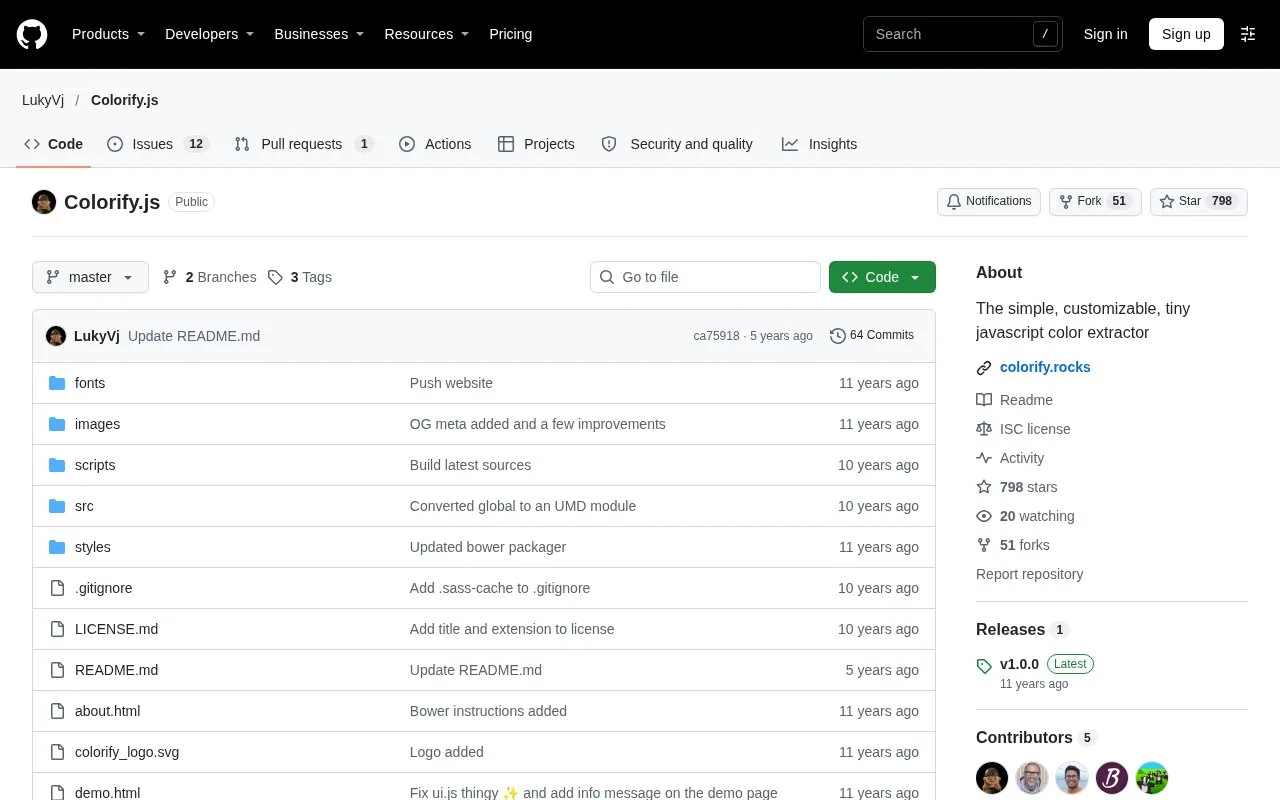 Screenshot of the Colorify.js homepage