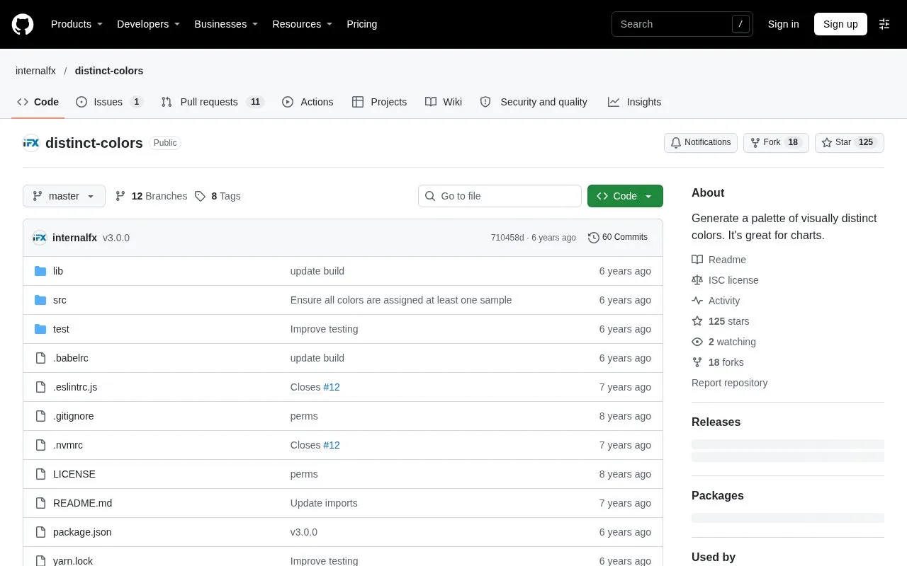 Screenshot of the Distinct Colors homepage