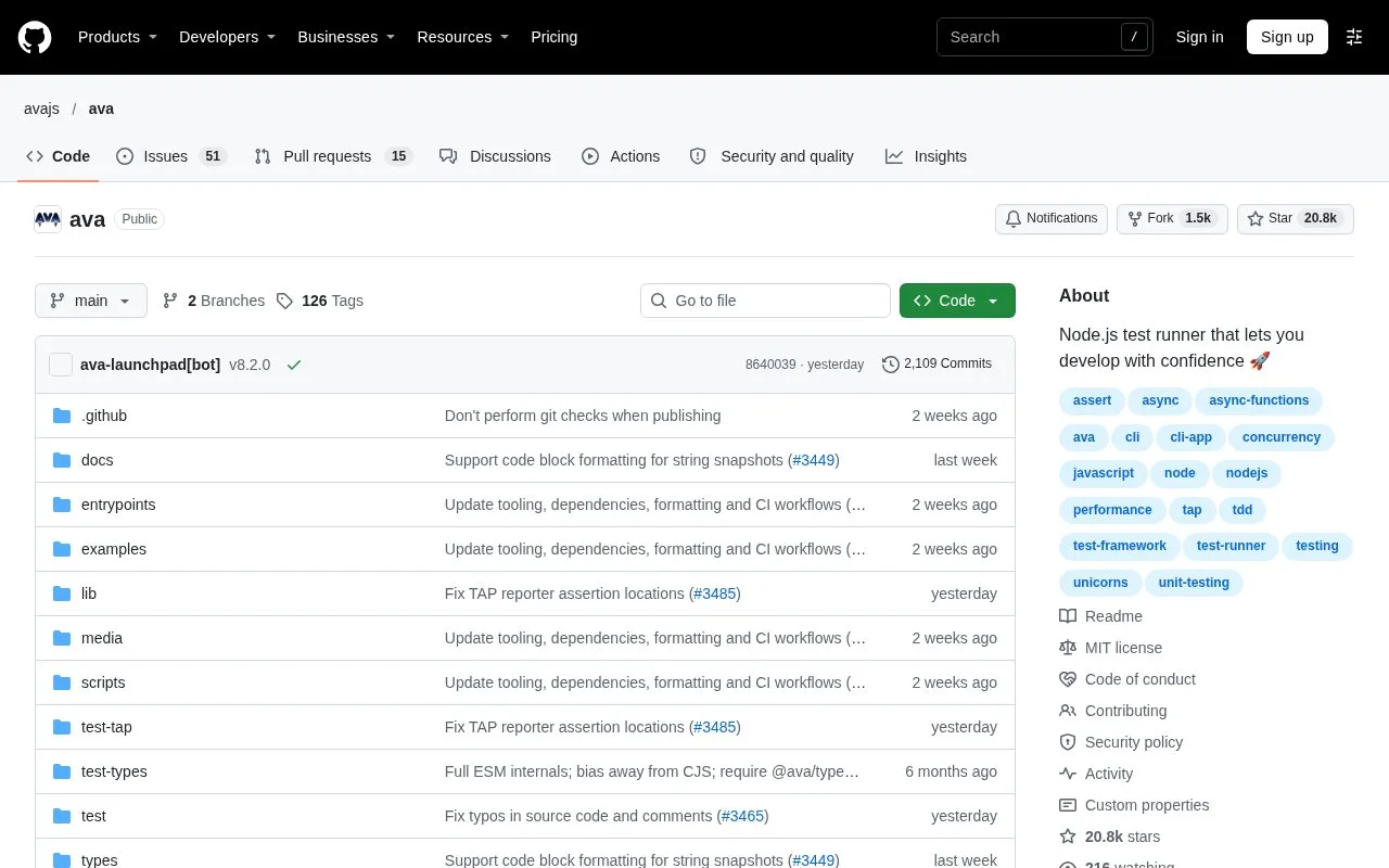 Screenshot of the AVA homepage