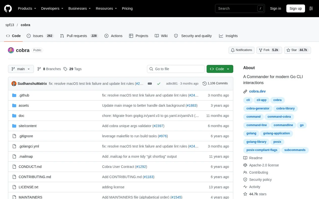 Screenshot of the Cobra homepage