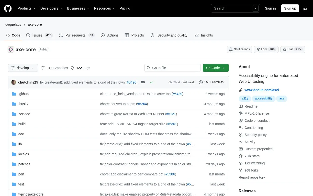 Screenshot of the axe-core homepage