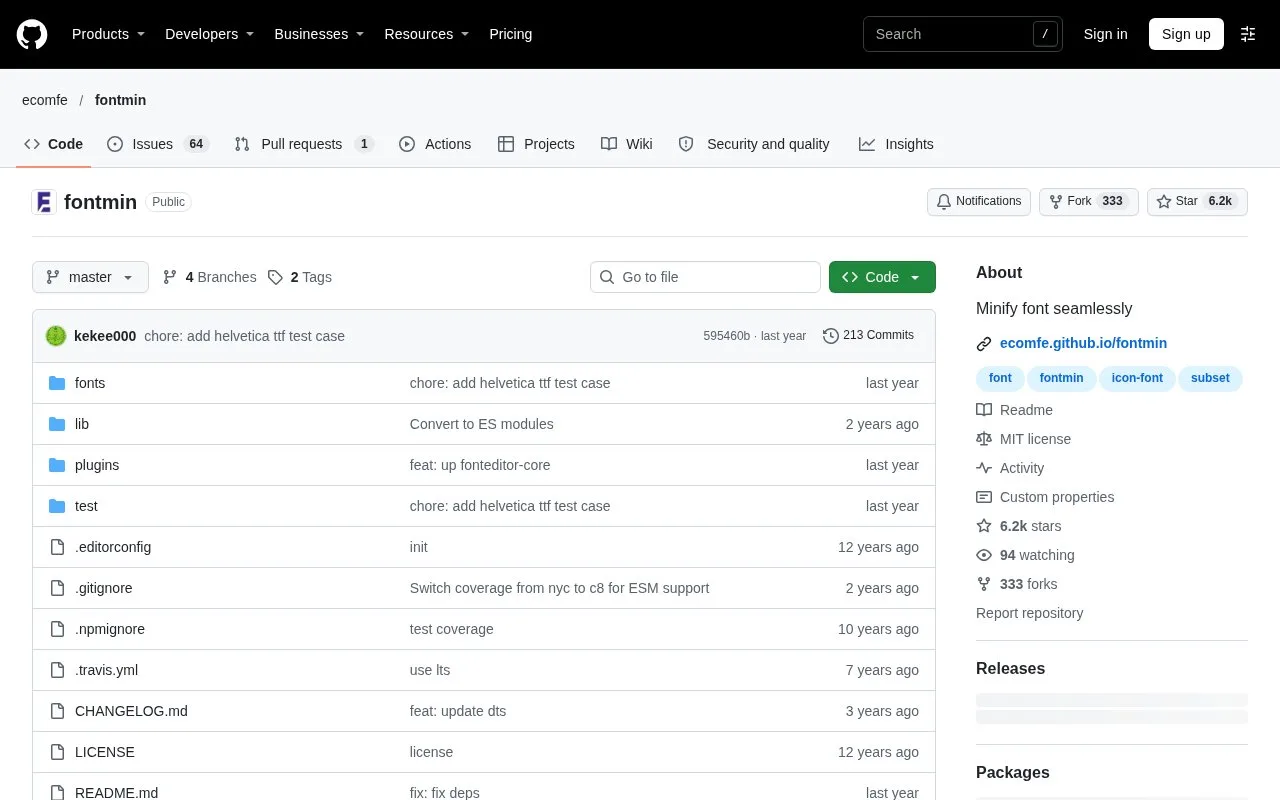 Screenshot of the Fontmin homepage