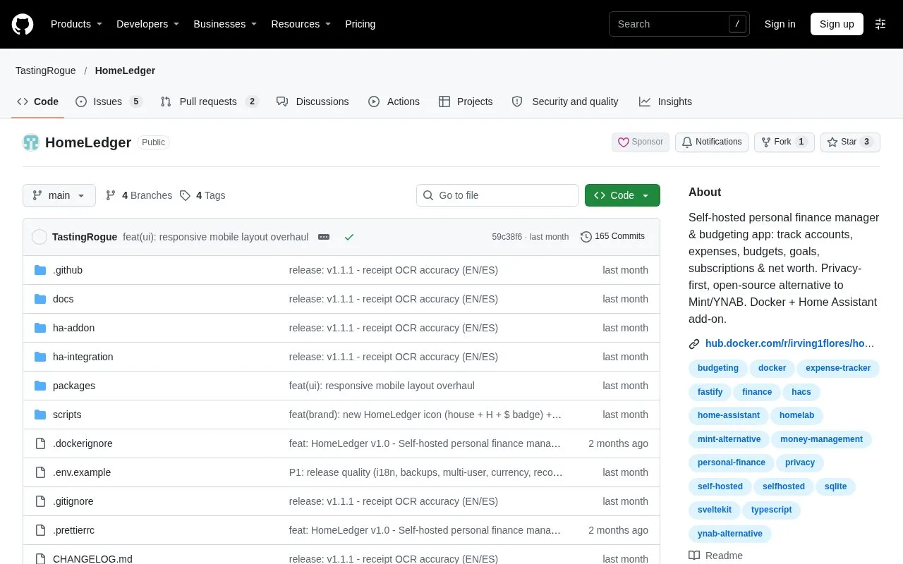 Screenshot of the HomeLedger homepage