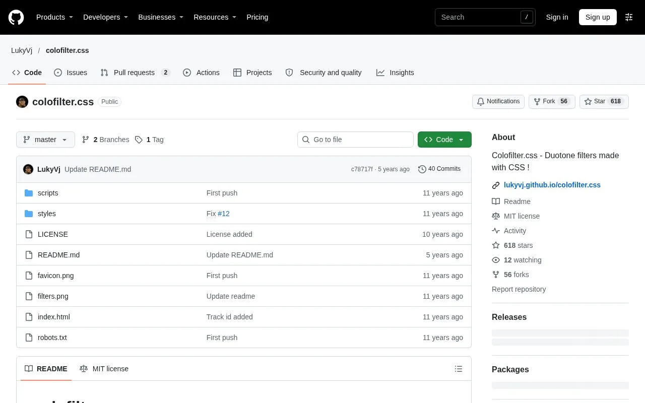 Screenshot of the Colofilter.css homepage