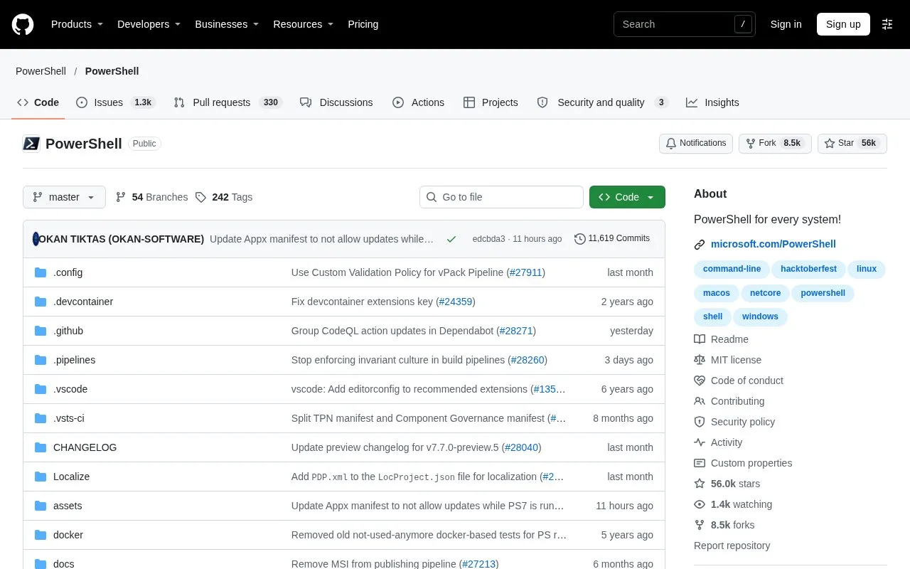 Screenshot of the PowerShell homepage