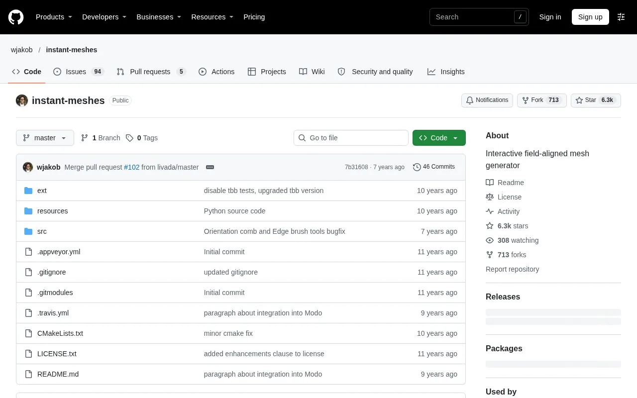 Screenshot of the Instant Meshes homepage