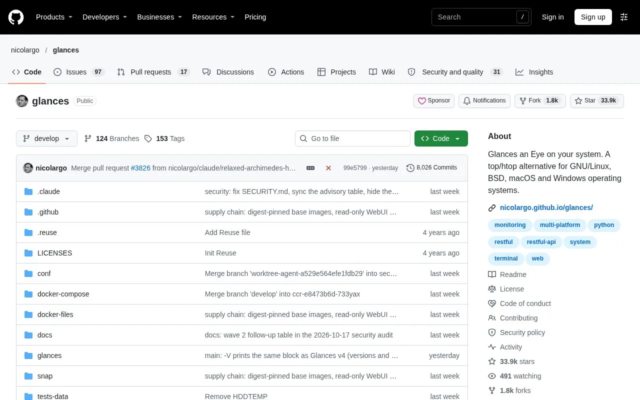 Screenshot of the Glances homepage