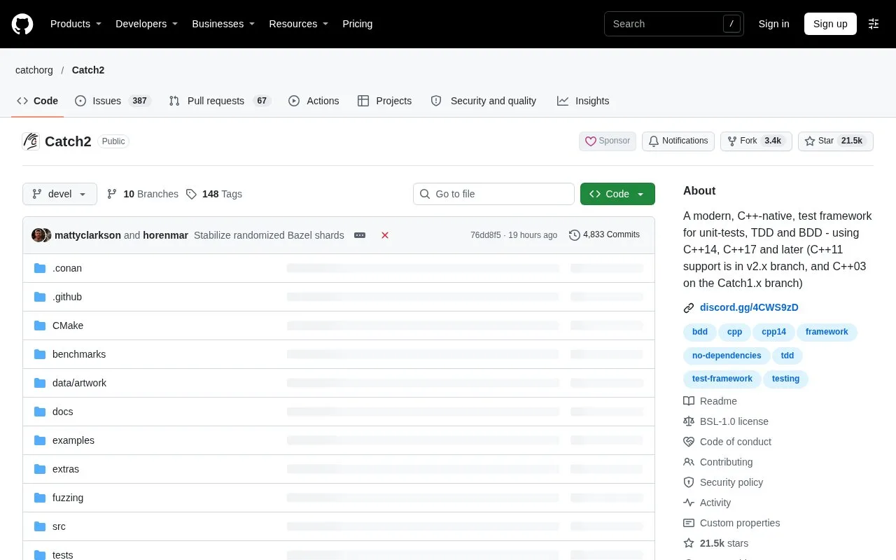 Screenshot of the Catch2 homepage