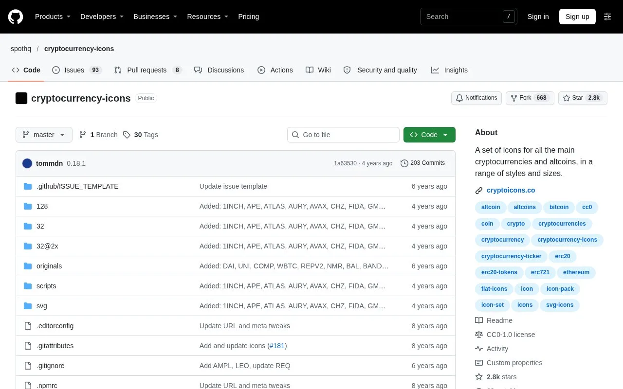 Screenshot of the Cryptocurrency Icons homepage