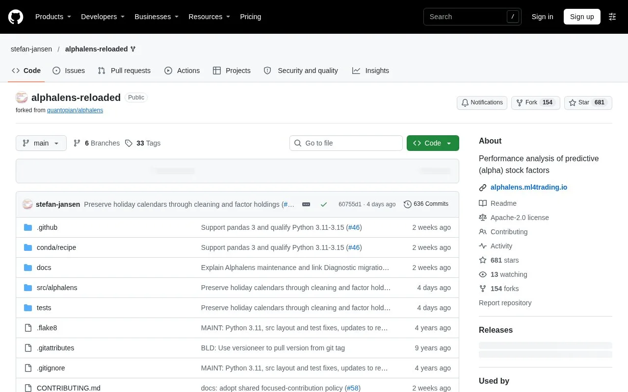 Screenshot of the Alphalens Reloaded homepage