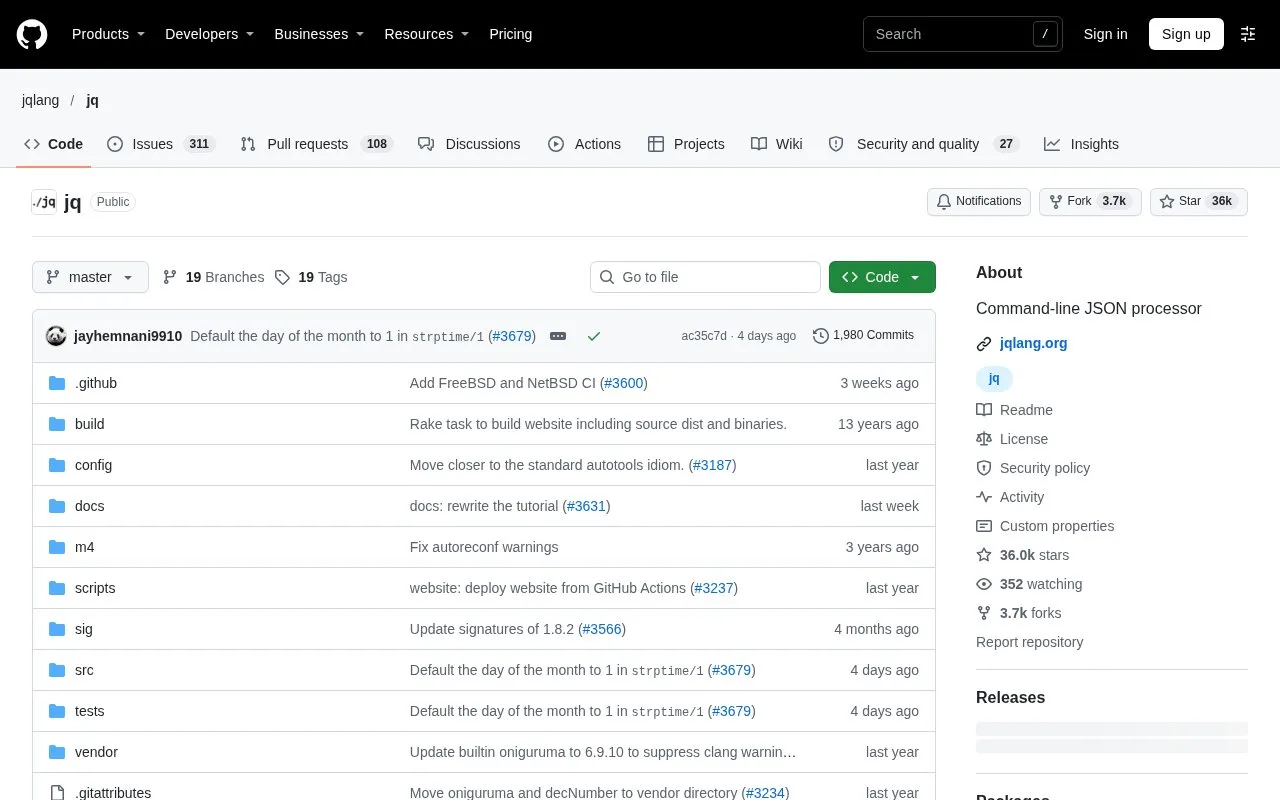 Screenshot of the jq homepage
