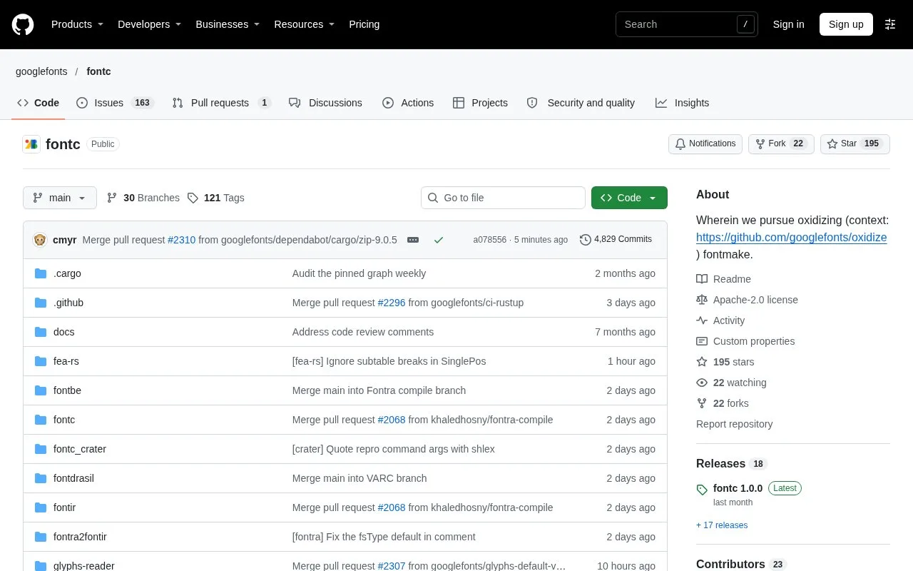 Screenshot of the fontc homepage